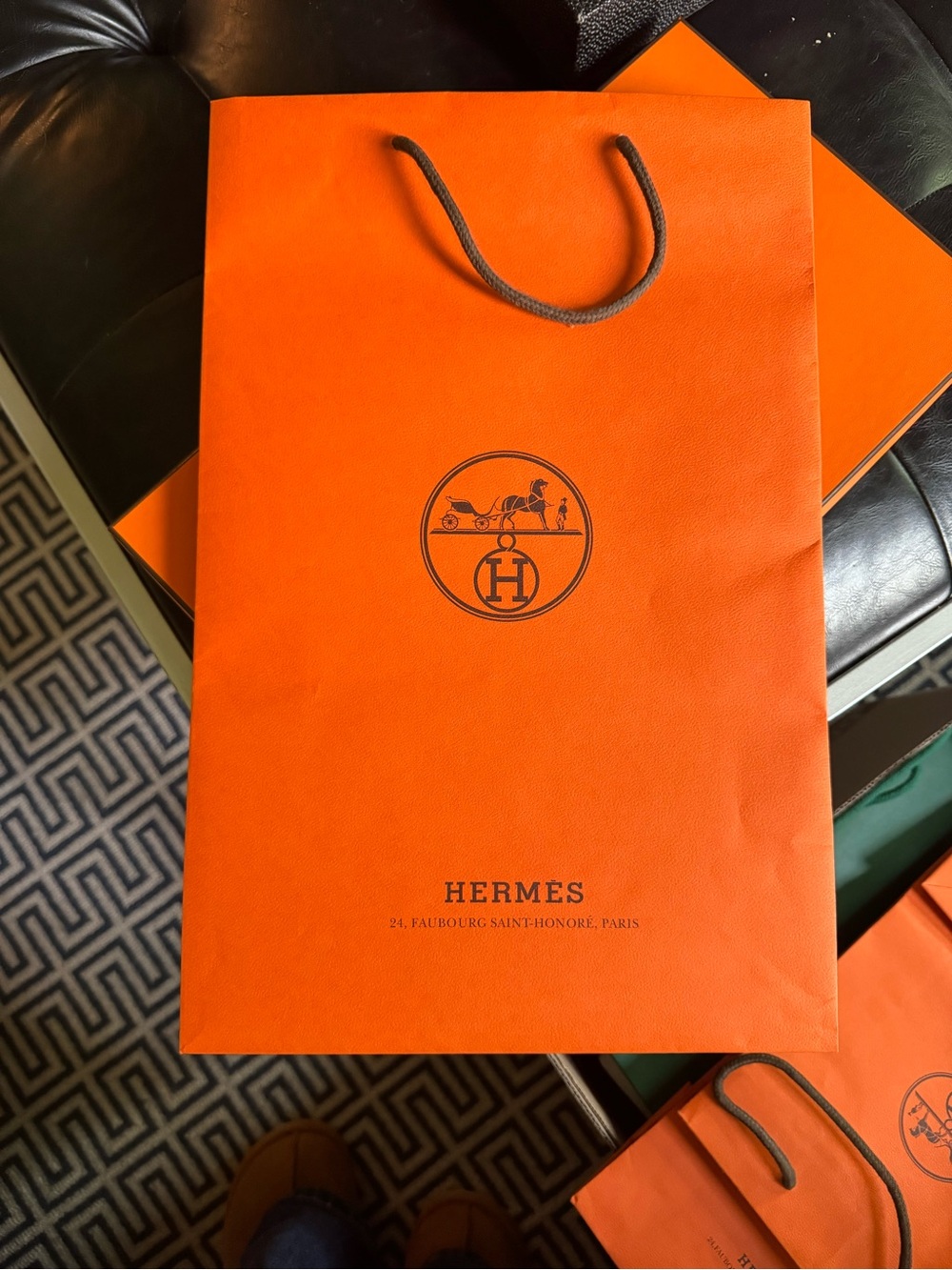 Hermès Orange Paper Shopping Bag with Brown Rope Handles